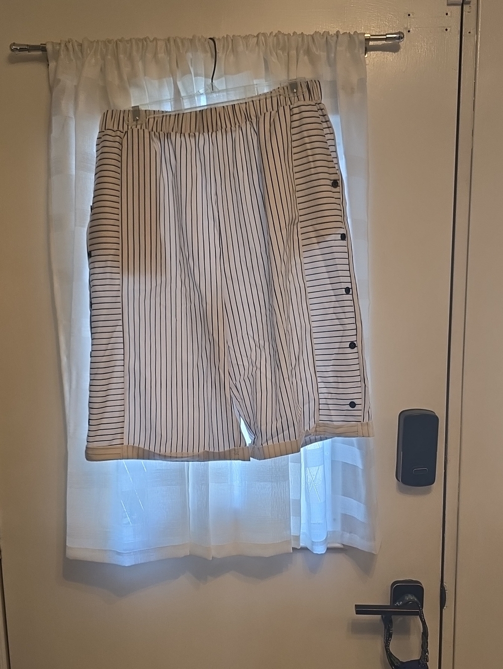 Striped White and Black Pull-On Capris with Side Button Trim